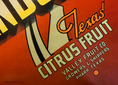 Vintage citrus crate label with orange and cream geometric design, "Citrus Fruit" text in orange, "Valley Fruit Co., Pharr, T