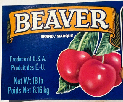 Vintage Beaver Brand cherries crate label with bilingual text, red cherries with green leaves on blue and yellow background, 