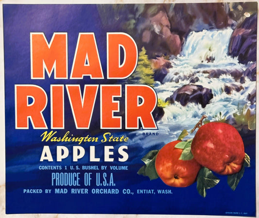 Vintage 1950s Mad River Brand Washington State Apples Crate Label — Mad River Orchard Co., Entiat WA, Stecher-Traung