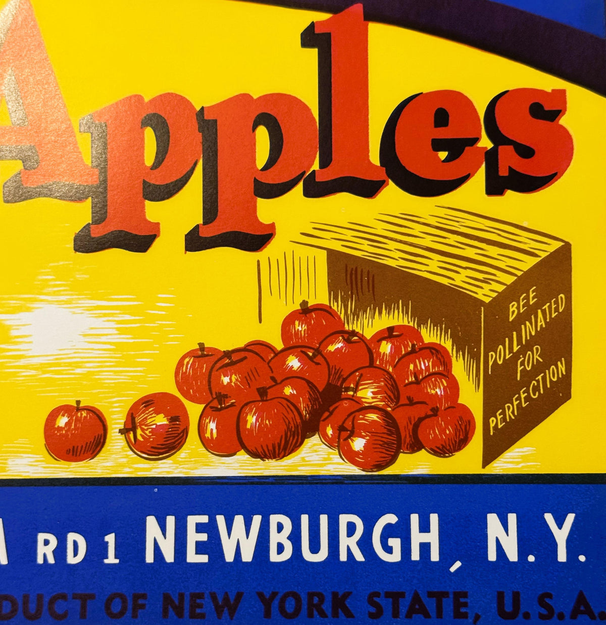 Vintage fruit crate label with red "4 Apples" text, illustrated red apples spilling from wooden box, yellow background, "Bee 