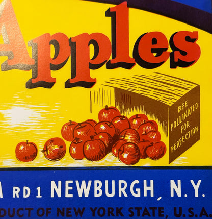 Vintage fruit crate label with red "4 Apples" text, illustrated red apples spilling from wooden box, yellow background, "Bee 