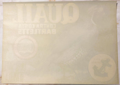 Faded cream-colored vintage crate label with embossed "QUAIL" branding and partially visible text, photographed flat against 