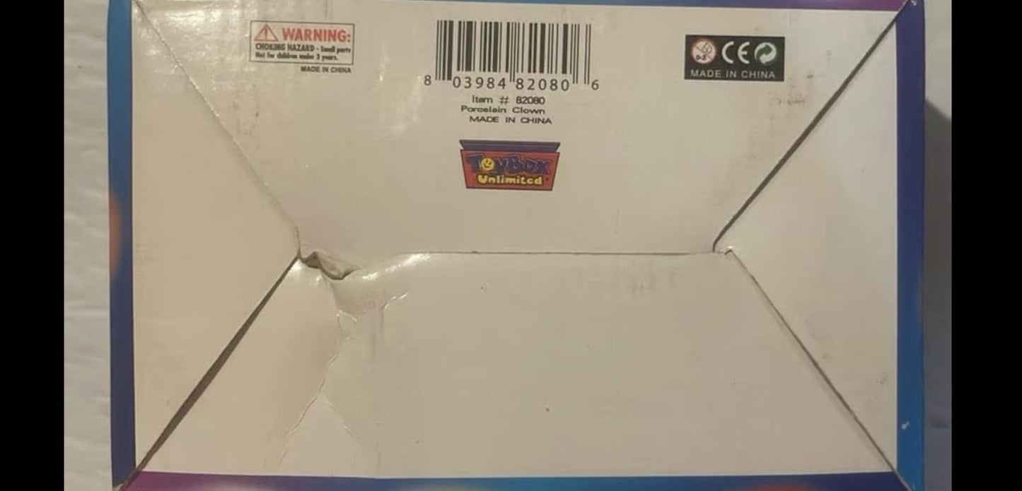 White envelope with purple borders and barcode for Rare 1981 Porcelain Clown Doll