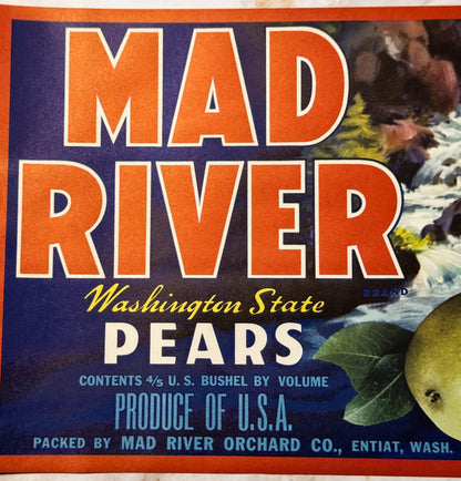 Vintage Mad River pears crate label with orange and blue design, showing pears and text reading "Washington State Pears" and 