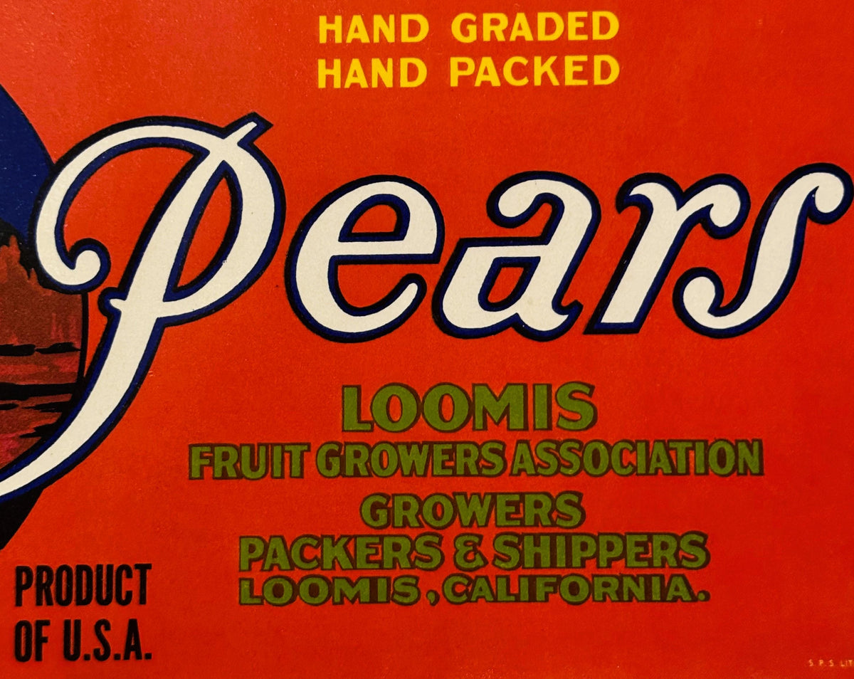 Antique fruit crate label with "Pears" in large ornate white lettering on red background. Text reads "Hand Graded Hand Packed"