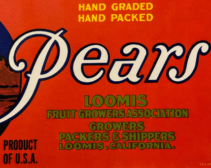 Antique fruit crate label with "Pears" in large ornate white lettering on red background. Text reads "Hand Graded Hand Packed"
