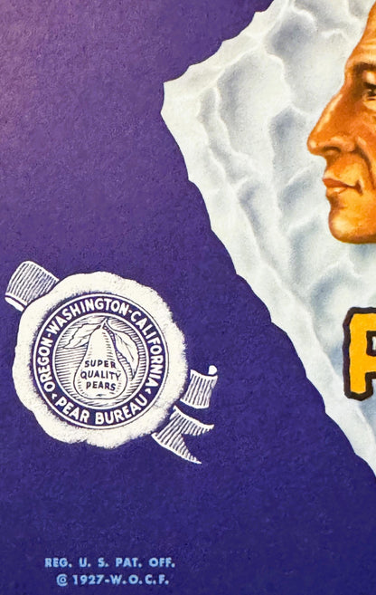 Vintage fruit crate label with purple background showing Native American chief profile, white clouds, Oregon-Washington Pear 