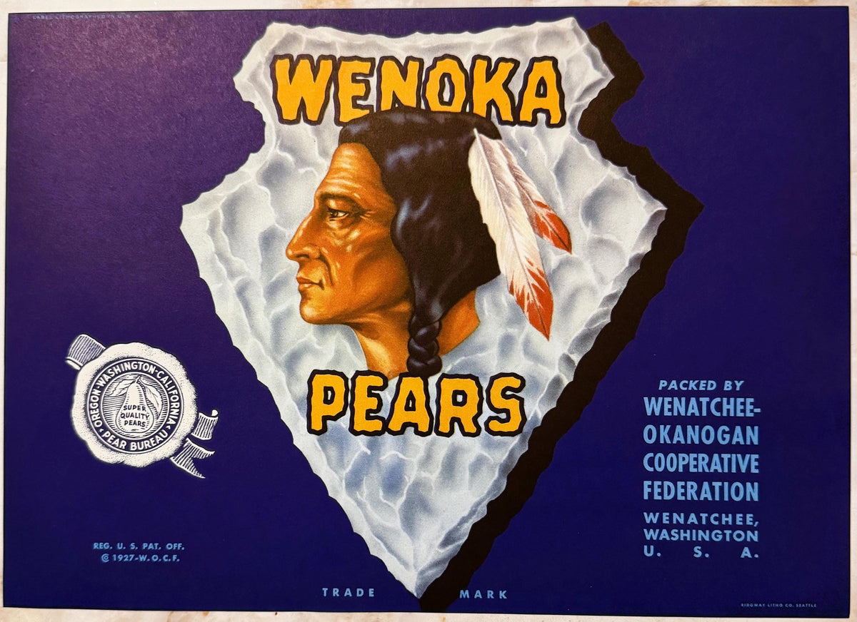 Vintage Wenoka Pears crate label featuring a Native American chief profile in an arrowhead shape on purple background, Wenatc