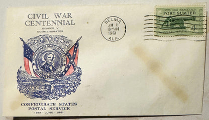 Cream-colored 1961 Civil War Centennial envelope with blue and red Confederate imagery, Fort Sumter stamp, and Selma Alabama 