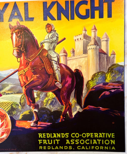 Vintage citrus crate label featuring a armored knight on red horse before castle, bright yellow background, "Royal Knight" te