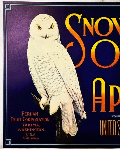 Vintage Snow Owl apple crate label featuring white snowy owl on dark blue background with yellow and orange text, Perham Frui