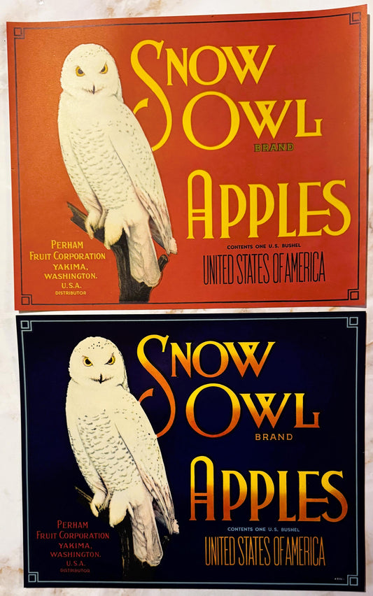 Antique 1930s Snow Owl Brand Apples Crate Label — RED Colourway, Perham Fruit Corporation, Yakima WA