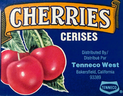 Vintage cherry crate label with red cherries and green leaves on blue background, bilingual English/French text, Tenneco West