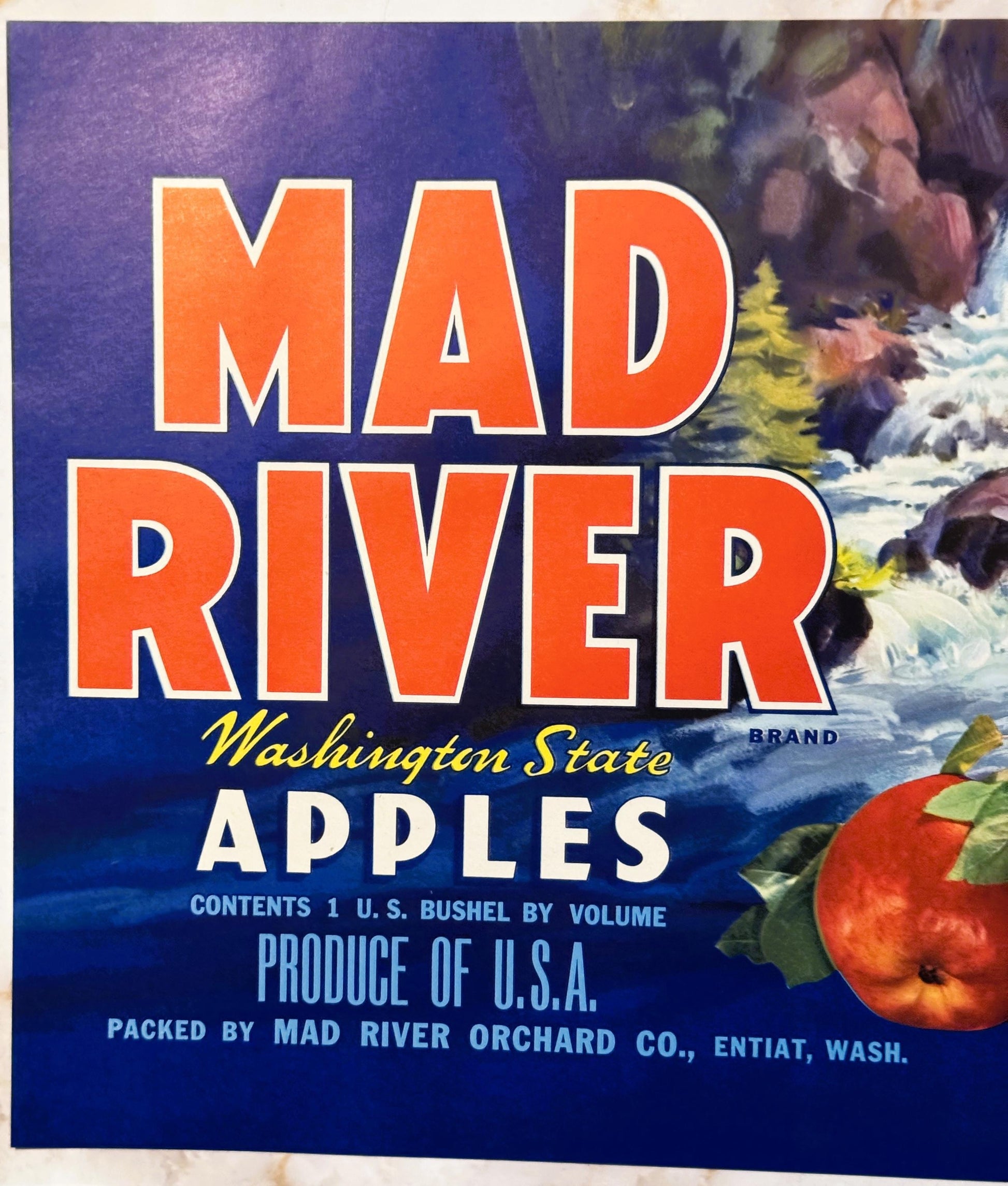 Vintage Mad River brand Washington State apples crate label with orange text on blue background, mountain river scene and red