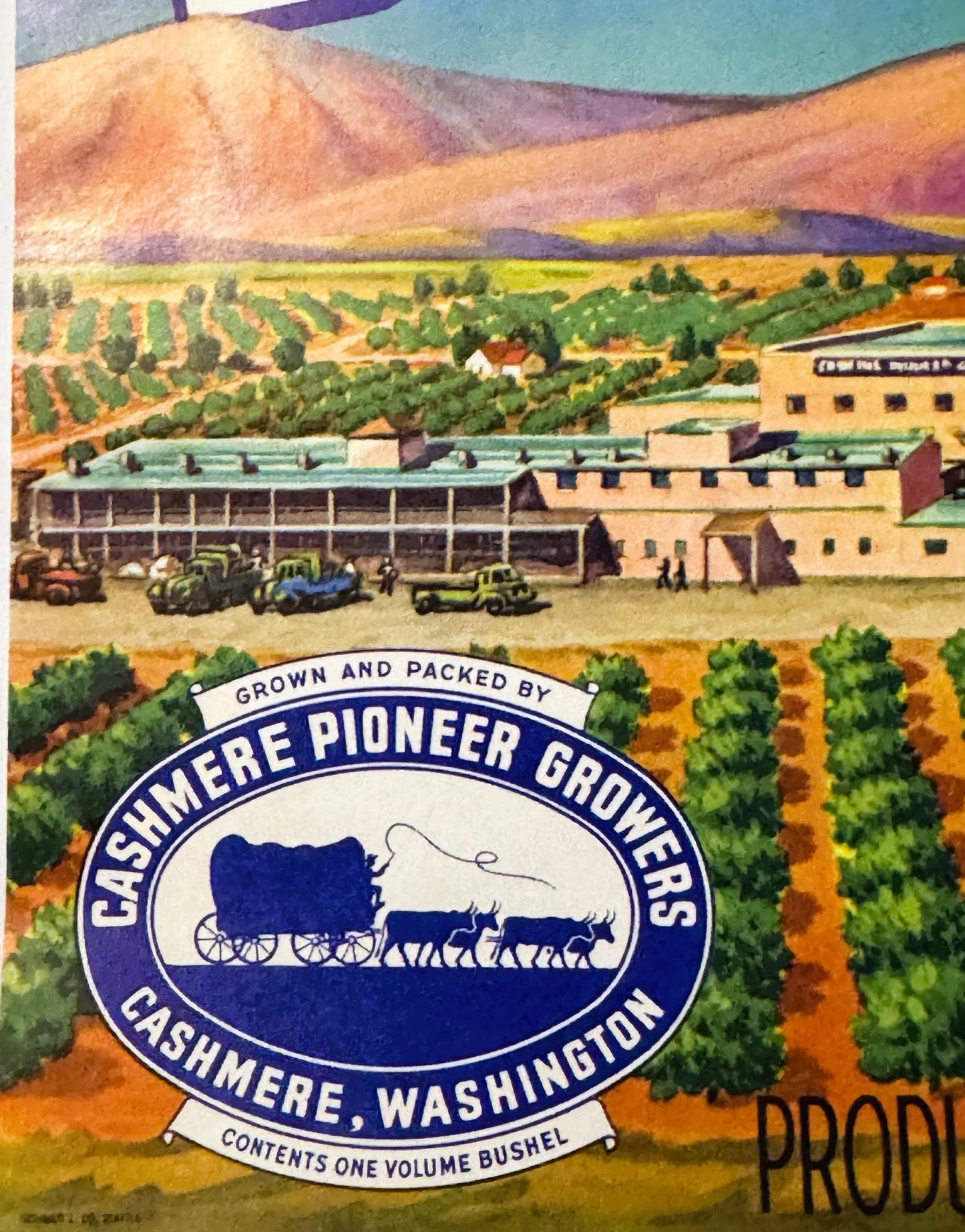 Vintage fruit crate label featuring colorful orchard landscape, blue oval logo with covered wagon and horses, text reading "C