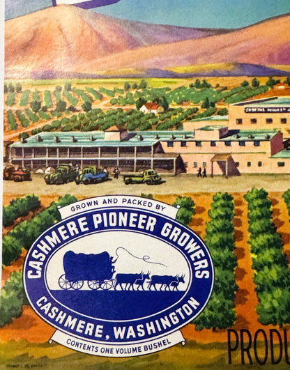 Vintage fruit crate label featuring colorful orchard landscape, blue oval logo with covered wagon and horses, text reading "C