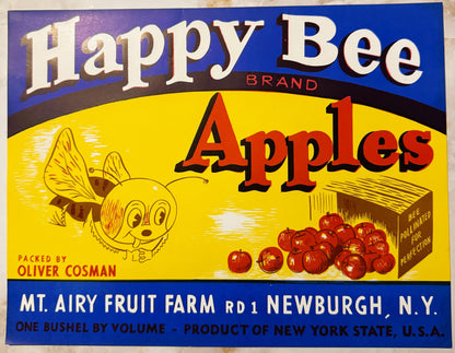 Vintage Happy Bee Brand Apples crate label with bee illustration, red apples, and blue/yellow design, packed by Oliver Cosman