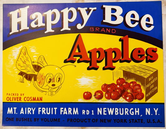 Vintage 1940s Happy Bee Brand Apples Crate Label 🐝 — Packed by Oliver Cosman, Mt. Airy Fruit Farm, Newburgh NY