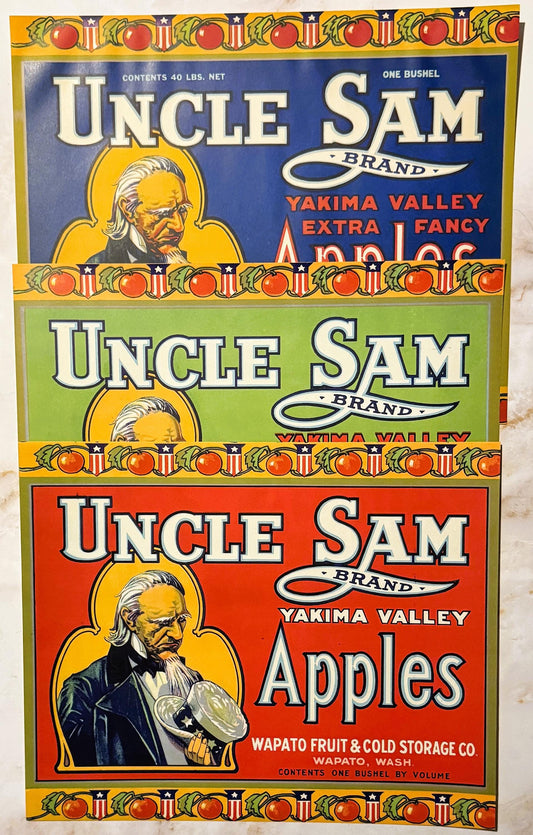 Antique 1920s Uncle Sam Brand Yakima Valley Apples Crate Label — Wapato Fruit & Cold Storage Co., Wapato WA