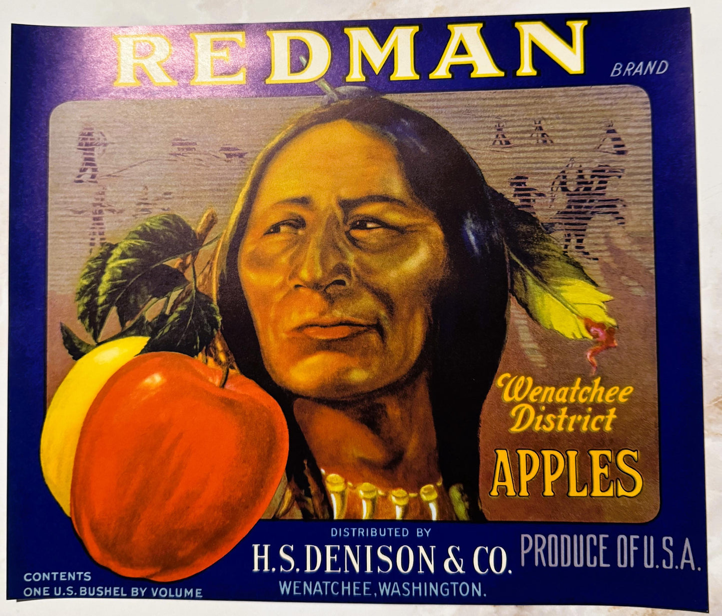 Vintage fruit crate label featuring a Native American man with long dark hair and feathered headdress, holding a red apple ag