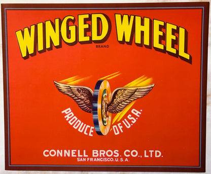 Vintage Winged Wheel Brand crate label with yellow lettering on red background, winged wheel logo, "Produce of U.S.A." text, 