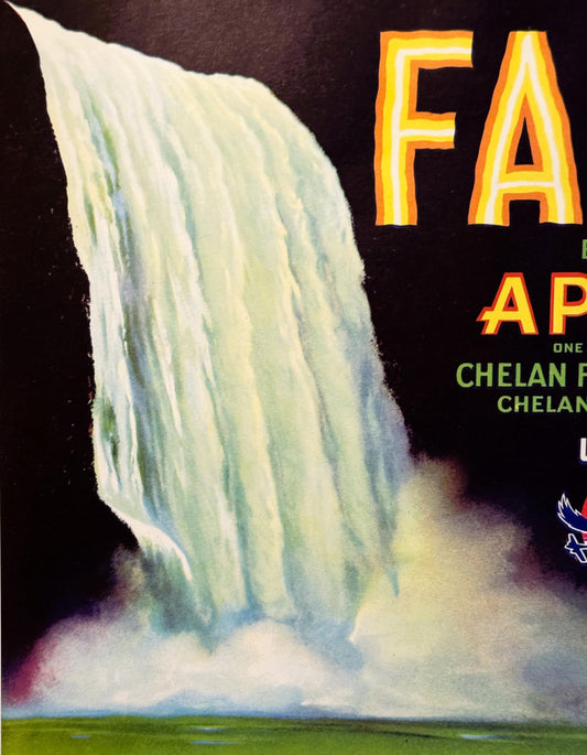 Vintage 1940s Falls Brand Apples Crate Label 🍎 — Chelan Falls Orchards, Chelan Falls WA — Crocker Imprint, WWII Eagle Device
