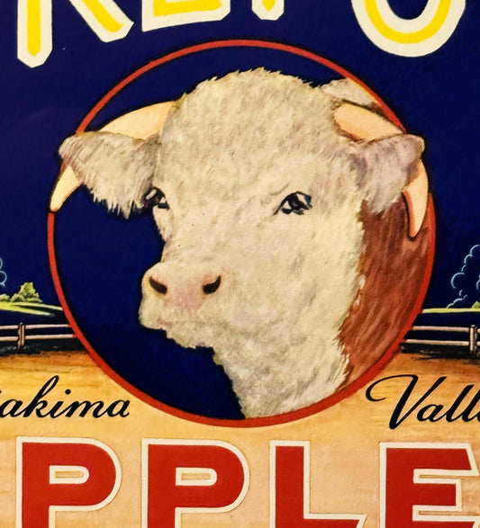 Antique 1930s Hereford Brand Yakima Valley Apples Crate Label — Hovde Bros., Selah WA, Bull Medallion