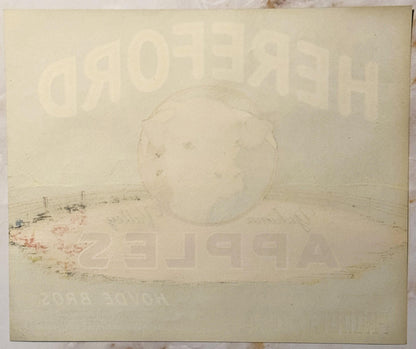 Faded vintage Hereford brand apple crate label showing Hovde Bros. Selah WA with large cattle head illustration and minimal v