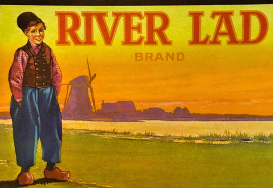 Vintage 1940s River Lad Brand California Fresh Asparagus Crate Label — Blue Goose, American National Foods, Los Angeles