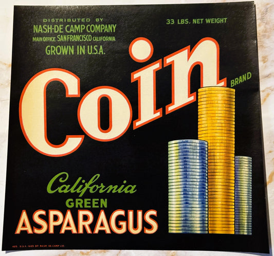 Antique 1930s Coin Brand California Green Asparagus Crate Label 🪙 — Nash-De Camp Co. Distributors, San Francisco