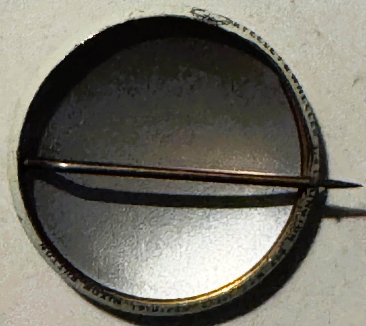 Circular campaign button with dark upper half and reflective lower half, divided by horizontal metal pin, against light backg