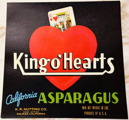 Vintage King o' Hearts asparagus crate label featuring a red heart with King of Hearts playing card, black background, cream 