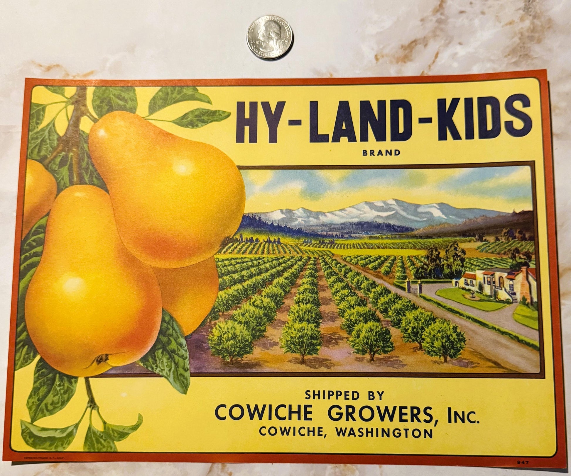 Vintage Hy-Land-Kids fruit crate label featuring yellow pears, orchard landscape, and Cowiche Growers text, with quarter coin