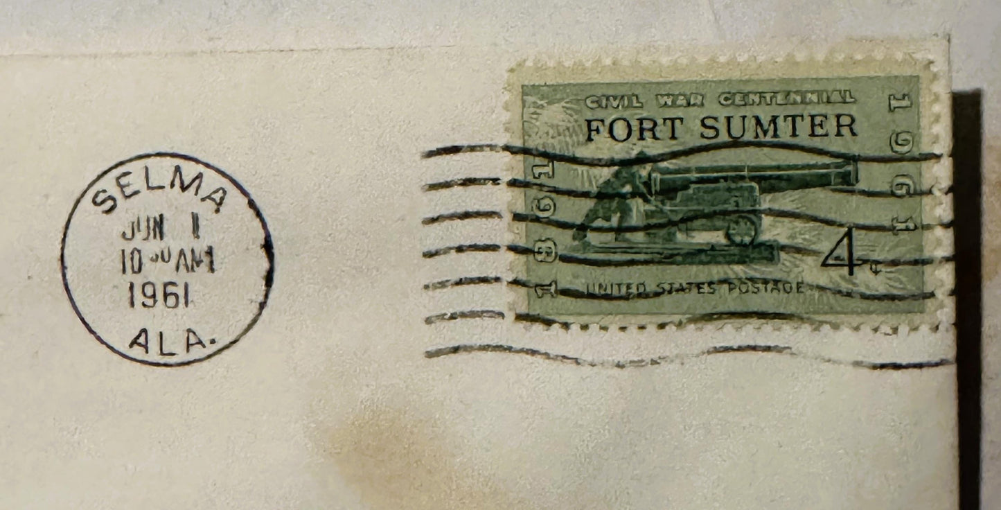Vintage 1961 Civil War Centennial Fort Sumter stamp envelope with Selma, Alabama postmark dated June 1.