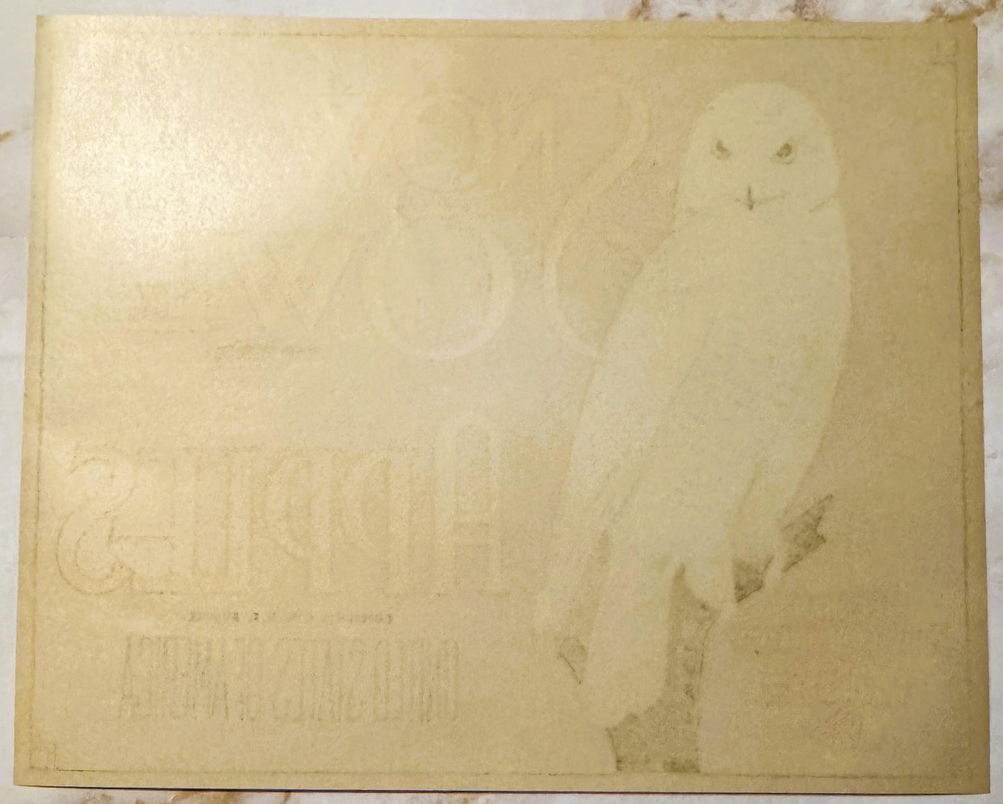 Cream-colored vintage apple crate label with faded Snow Owl brand imagery and text, showing age spots and wear marks on paper