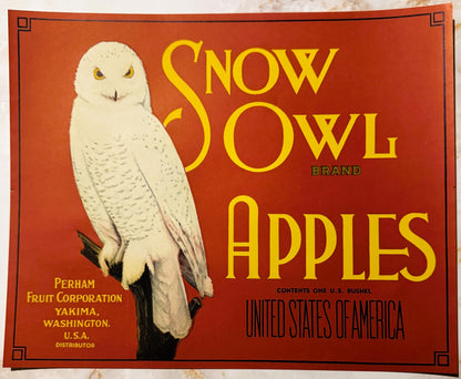 Vintage red fruit crate label featuring a white snowy owl perched on a branch, with "Snow Owl Brand Apples" in large yellow t