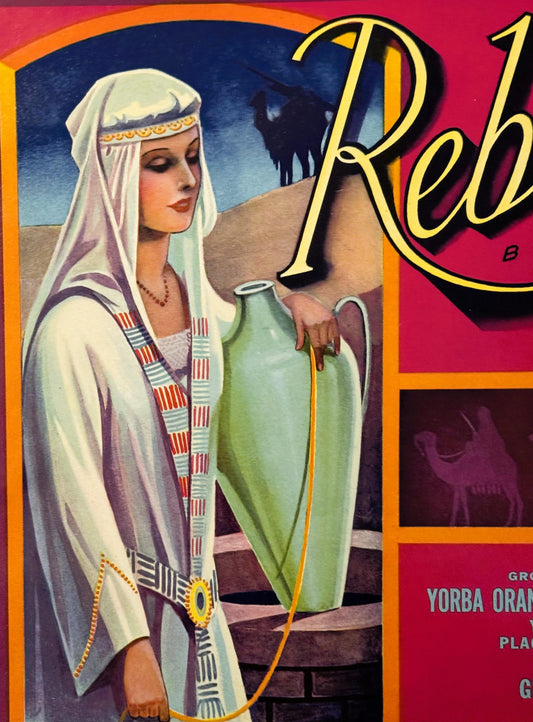 Antique Vintage 1930s Rebecca Crate Label 🍎 Placentia, CA, Exotic Desert Decor!
