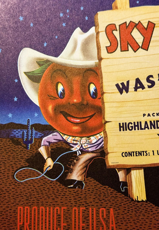 Vintage 1950s Sky Ranch Apples Crate Label 🍎 Yakima, WA, Cowboy Rodeo Apple Decor