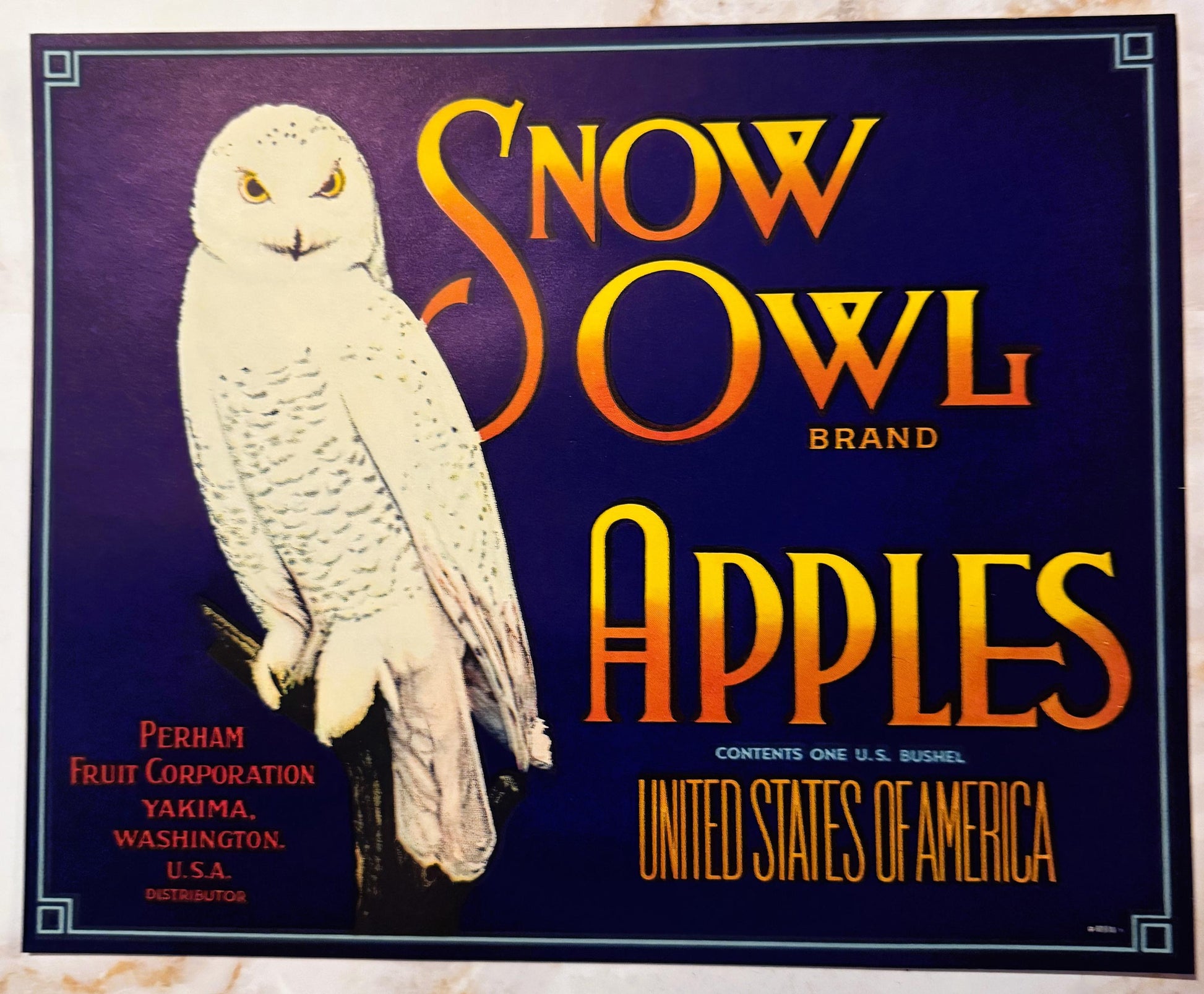 Vintage fruit crate label featuring a white snowy owl on deep blue background with yellow and orange "Snow Owl Brand Apples" 