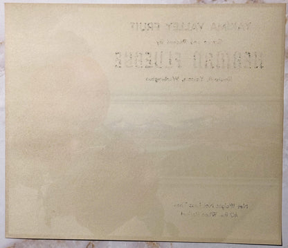 Aged cream-colored fruit crate label with faint typewritten text, photographed flat showing wear and discoloration