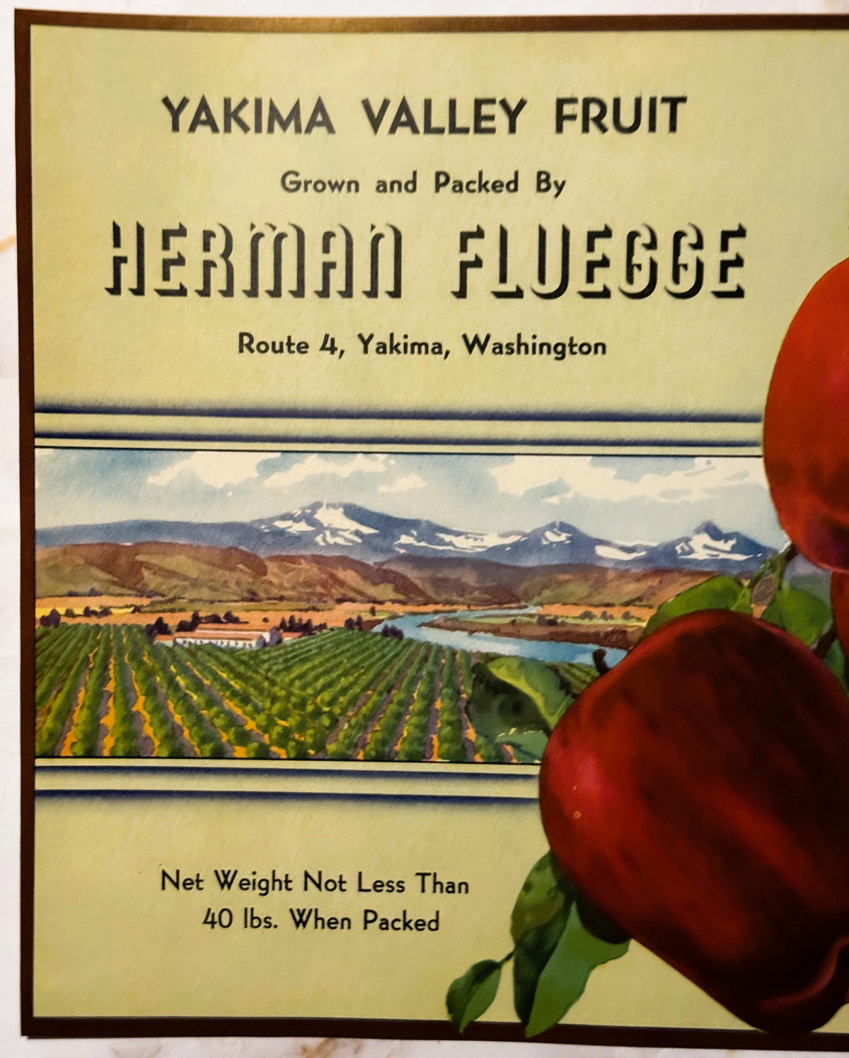 Vintage fruit crate label for Yakima Valley apples by Herman Fluegge, featuring mountain landscape and red apples on the righ