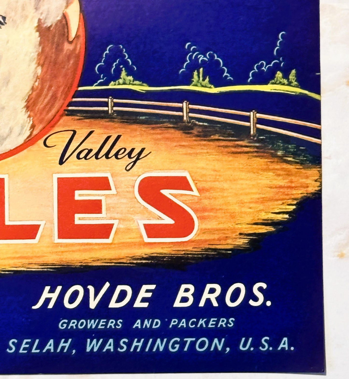Vintage Hereford brand apple crate label with eagle head, ranch fence, and trees against deep blue sky; red and gold text rea