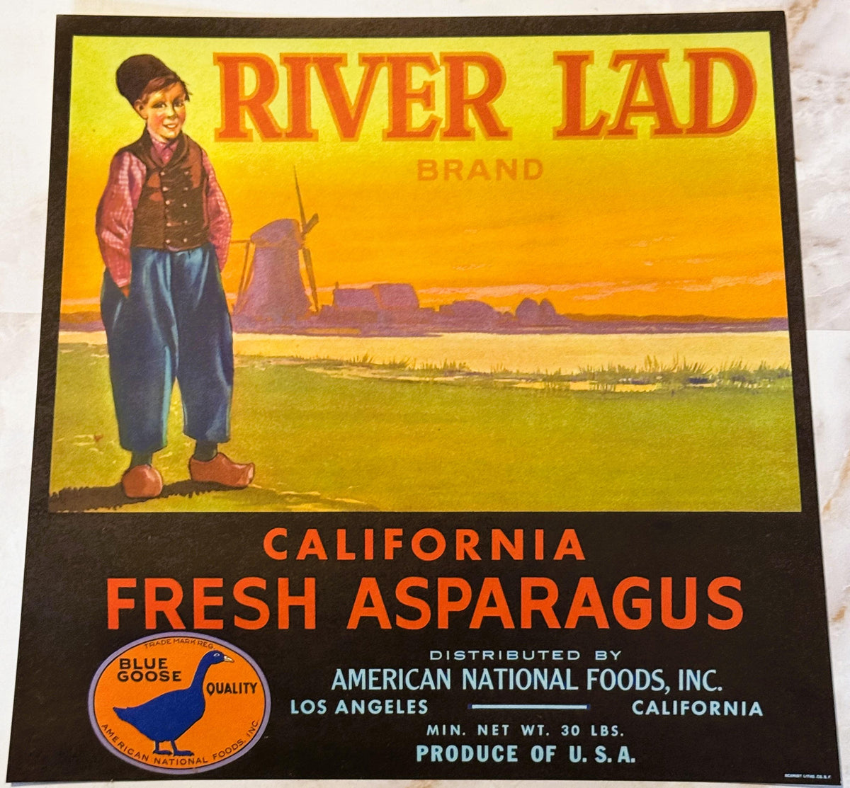 Vintage asparagus crate label with young boy in red shirt and blue pants holding fishing rod against yellow landscape with wi