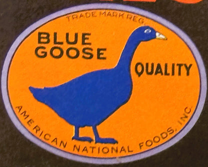 Vintage Blue Goose Quality crate label with blue goose illustration on orange background, American National Foods branding vi