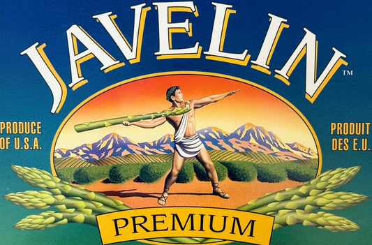 Vintage Javelin Brand California Asparagus Crate Label 🍎 Delta Grown Premium, Pacific Earth Resources, Produce Label Art