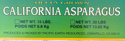 Vintage California Asparagus crate label with green background, white and gold lettering reading "Delta Grown" and "Pacific Earth Resources, Camarillo, CA 93012," showing net weight options of 15 lbs or 30 lbs.