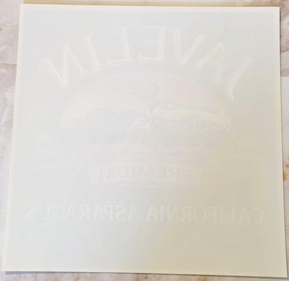 Back of the Javelin label: plain paper with the JAVELIN, PREMIUM and California Asparagus lettering showing faintly through in reverse