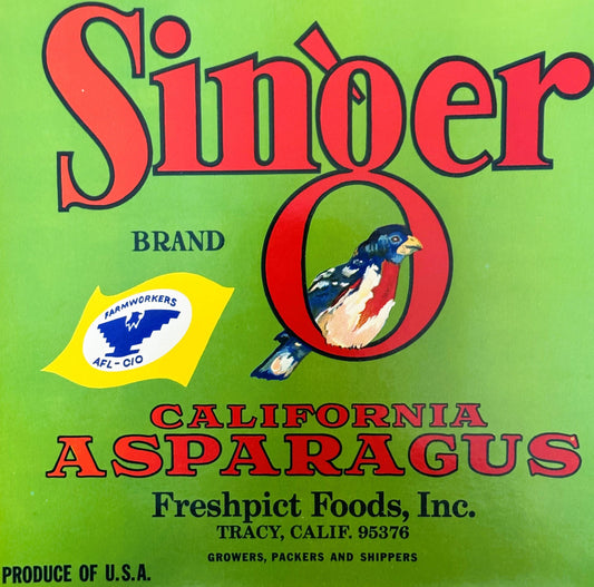 Vintage 1970s Singer Brand California Asparagus Crate Label 🌿 Freshpict Foods Tracy CA, UFW Farmworkers Union Label