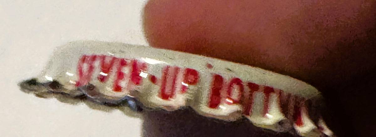 Vintage bottle cap held in palm showing red "Nesbitt's" text on cream-colored cork lining, close-up detail view