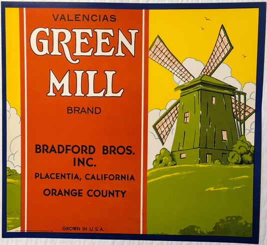 Vintage 1940s Green Mill Orange Crate Label Rustic Dutch Windmill